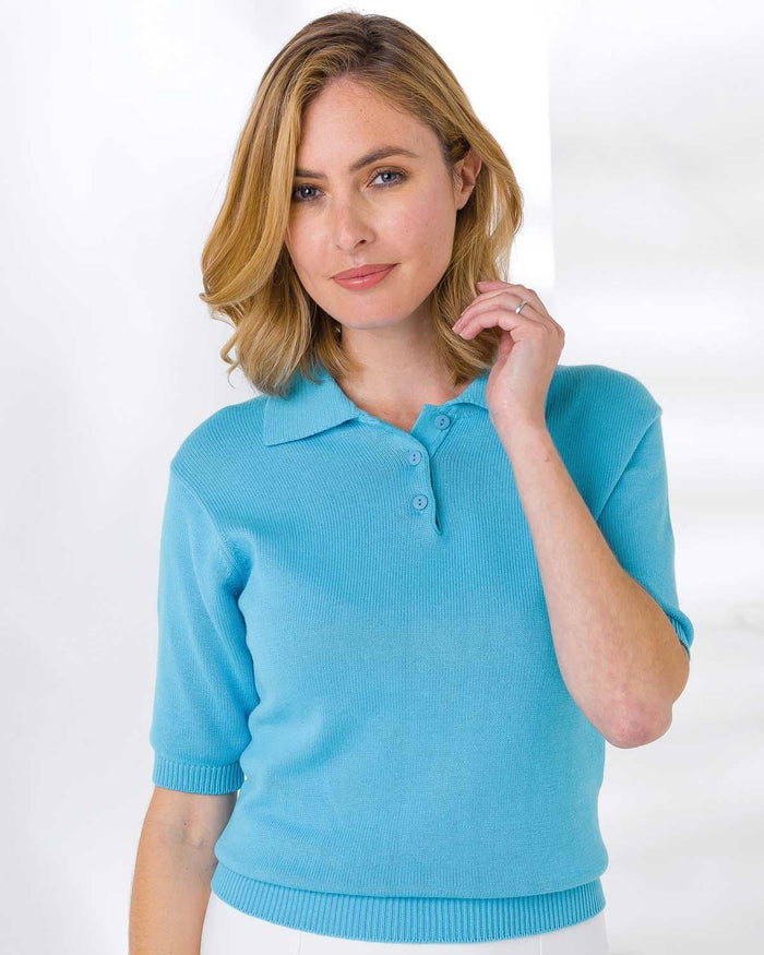 Luxury Knit Pure Cotton Ladies Polo Top - Turquoise - The Classic Boutique