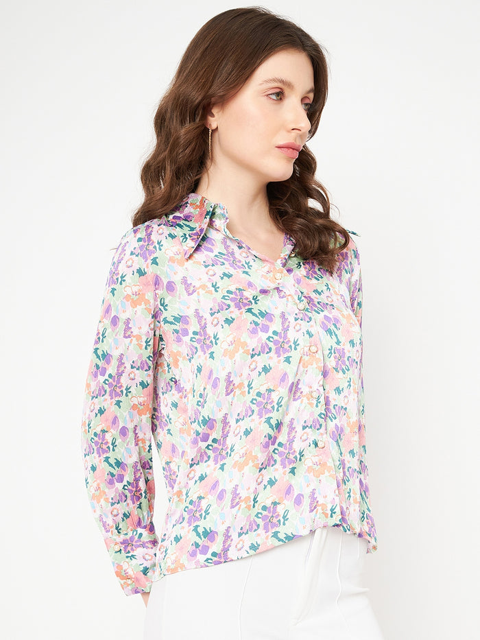 Madame All Over Floral Print Full Sleeve Purple Shirt