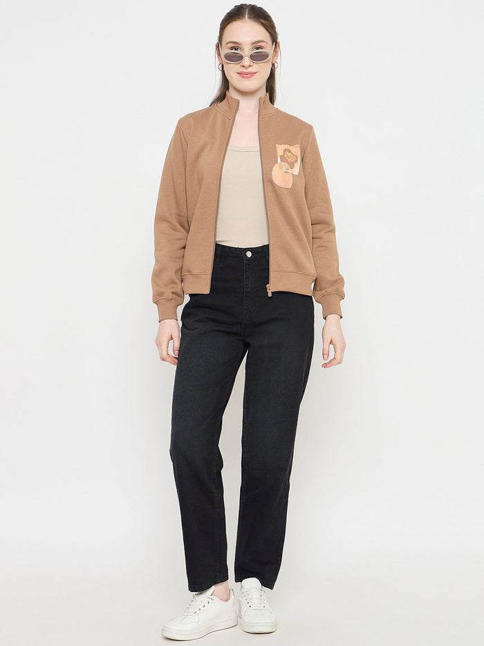 Madame Beige Mock Neck Sweatshirt with Graphic Print Pocket Patch