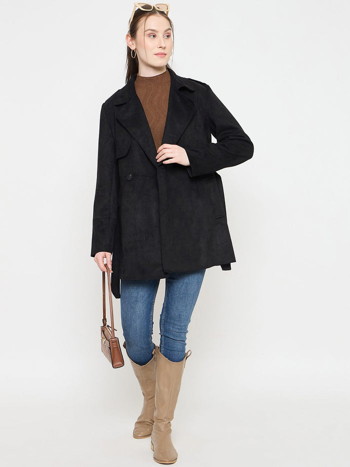 Madame Black Coat with Notched Lapel Collar and Belt