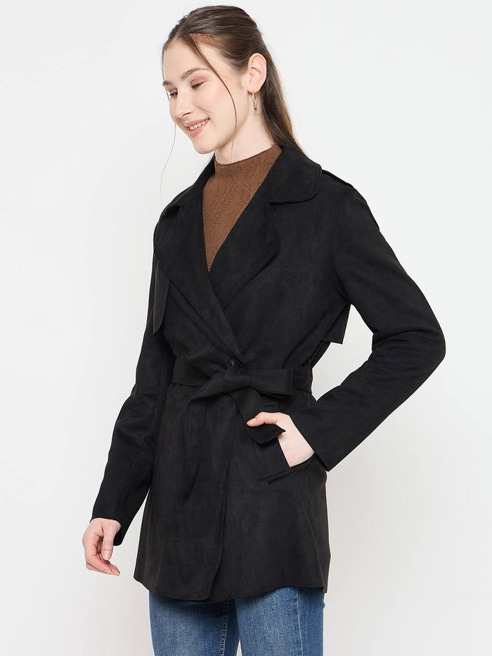 Madame Black Coat with Notched Lapel Collar and Belt