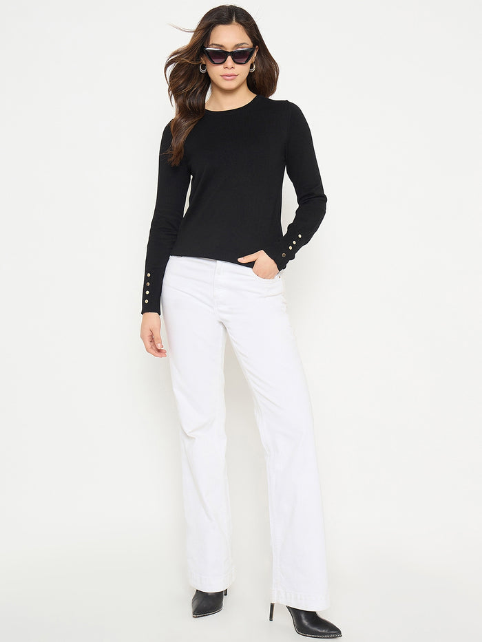 Madame Black Solid Sweater with Cuff Sleeves