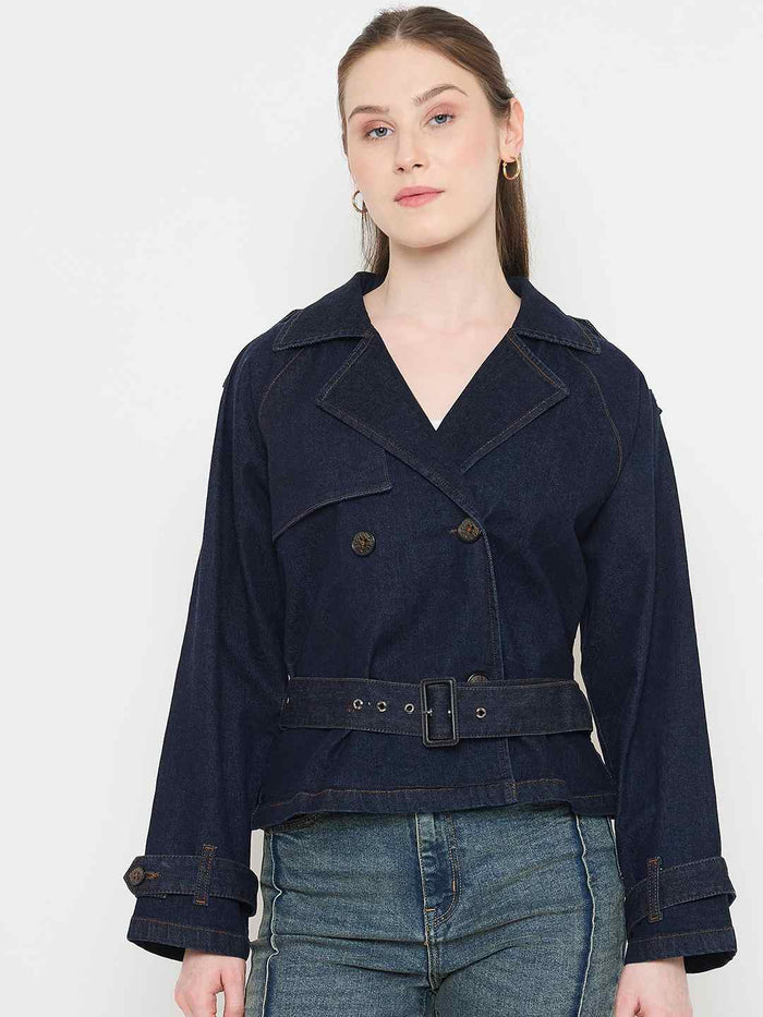 Madame Blue Denim Jacket with Faux Fur Collar and Sleeve Trim