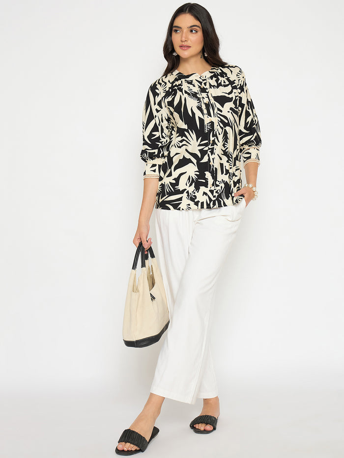 Madame Botanical Print Black Rayon Blend Top