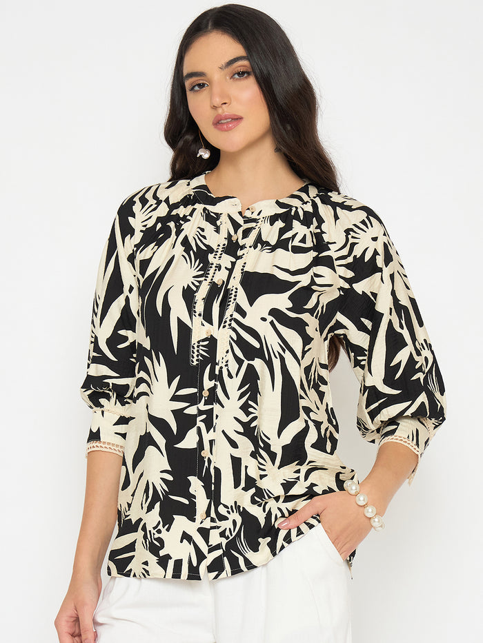 Madame Botanical Print Black Rayon Blend Top