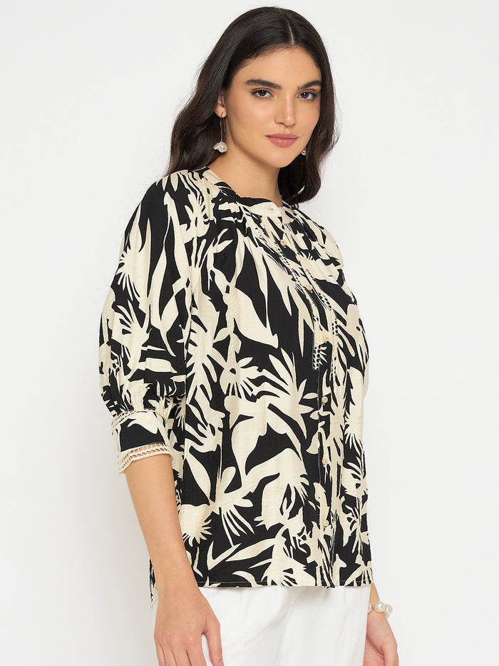 Madame Botanical Print Black Rayon Blend Top