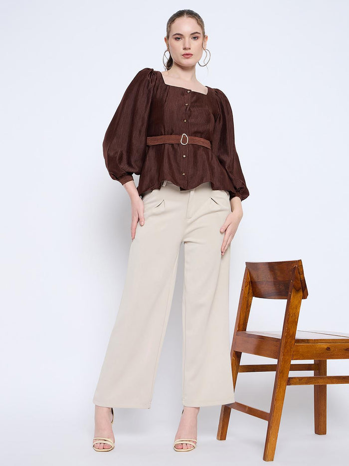 Madame Brown Rayon Blend Square Neck Belted Button Front Top