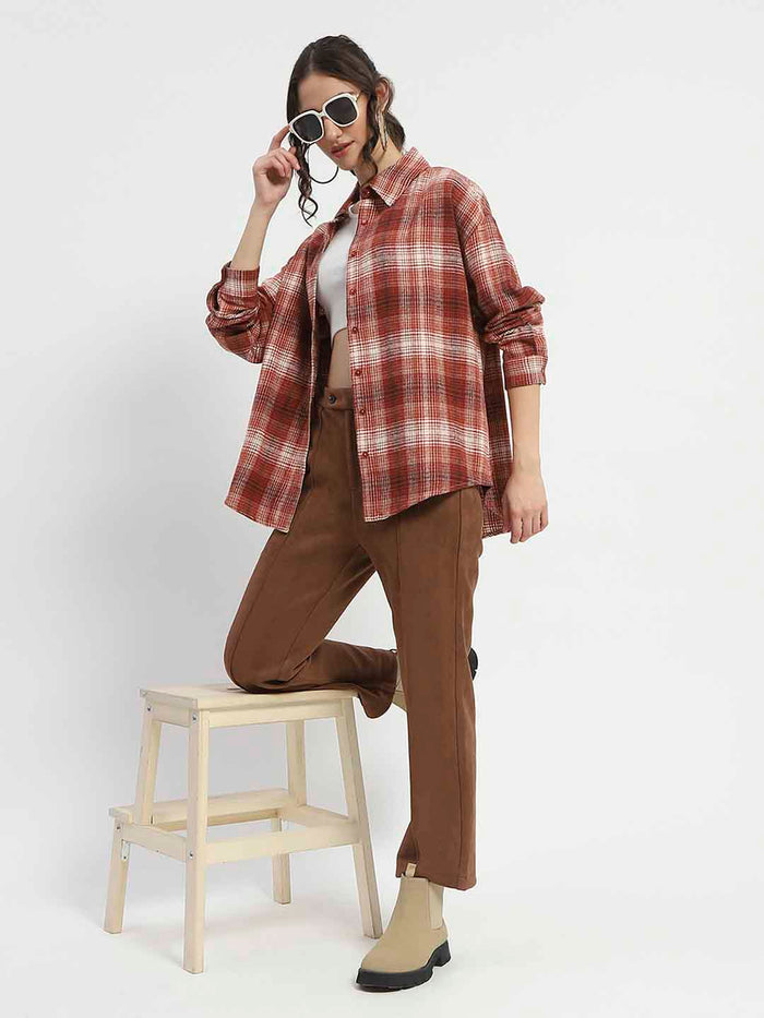 Madame Chequered Long Sleeved Cotton Brown Shirt