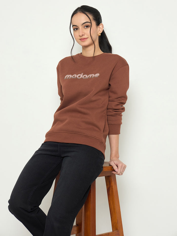 Madame Crew Neck Printed Brown Sweatshirt