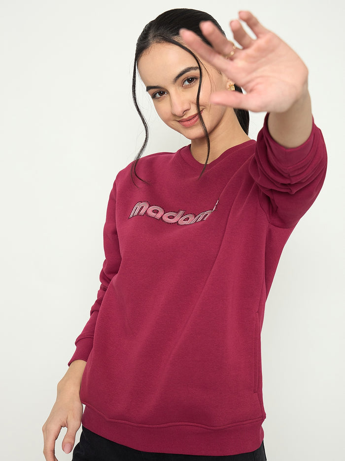 Madame Crew Neck Printed Wine Red Sweatshirt