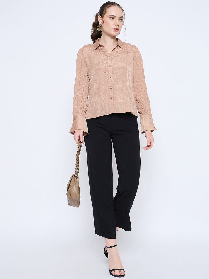 Madame Crushed Tissue Flounce Sleeve Beige Shirt