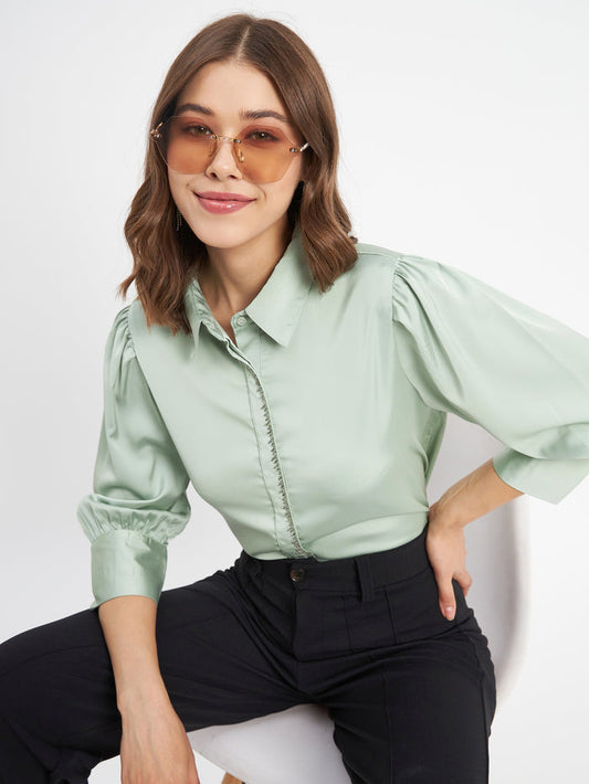 Madame Embellished Button Placket Solid Pista Green Shirt