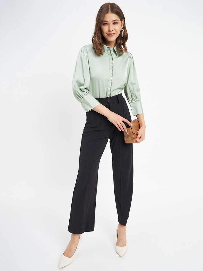 Madame Embellished Button Placket Solid Pista Green Shirt