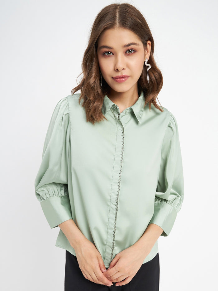 Madame Embellished Button Placket Solid Pista Green Shirt