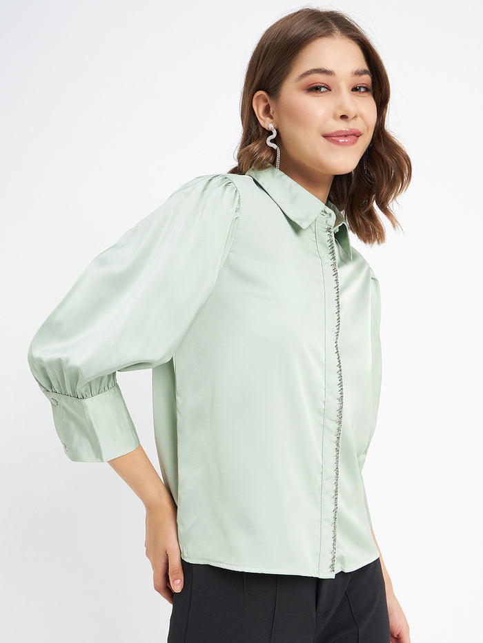 Madame Embellished Button Placket Solid Pista Green Shirt