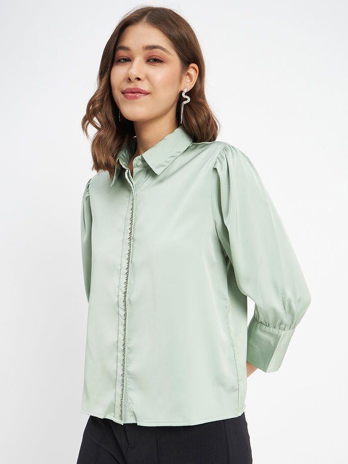 Madame Embellished Button Placket Solid Pista Green Shirt
