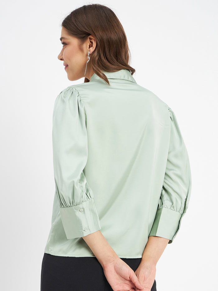 Madame Embellished Button Placket Solid Pista Green Shirt