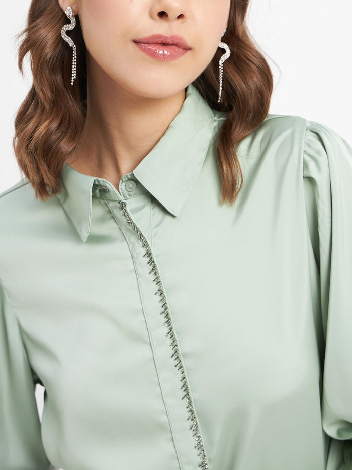 Madame Embellished Button Placket Solid Pista Green Shirt
