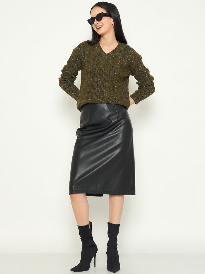 Madame Embellished Green Round Neck Sweater