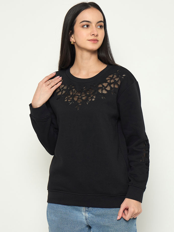 Madame Embroidered Round Neck Solid Sweatshirt