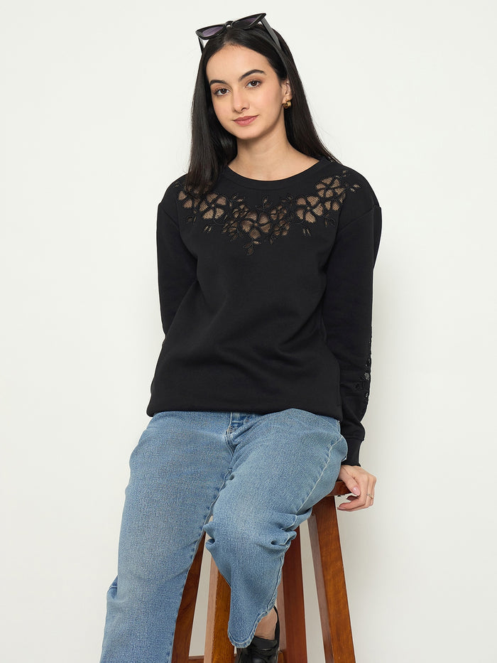Madame Embroidered Round Neck Solid Sweatshirt