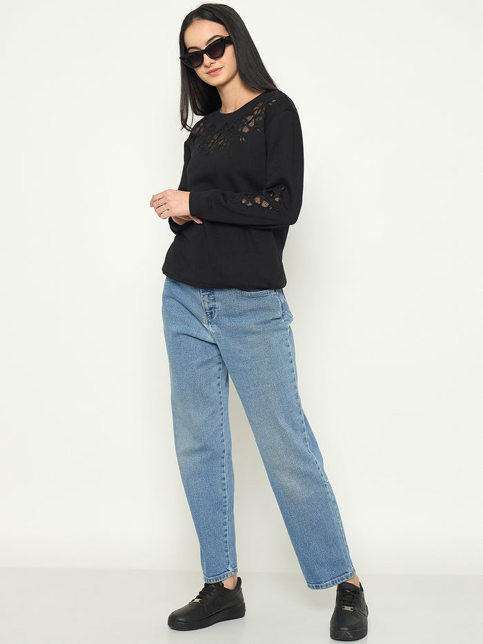 Madame Embroidered Round Neck Solid Sweatshirt