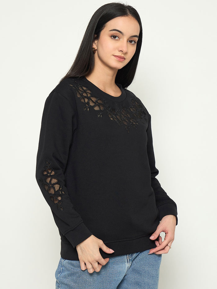 Madame Embroidered Round Neck Solid Sweatshirt