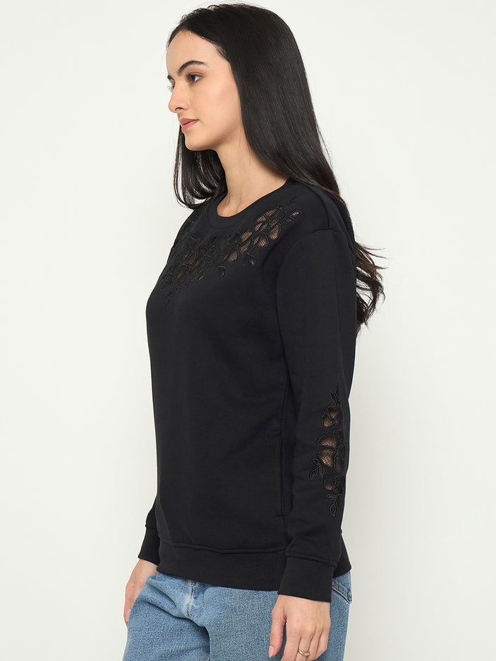 Madame Embroidered Round Neck Solid Sweatshirt