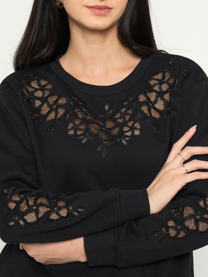 Madame Embroidered Round Neck Solid Sweatshirt