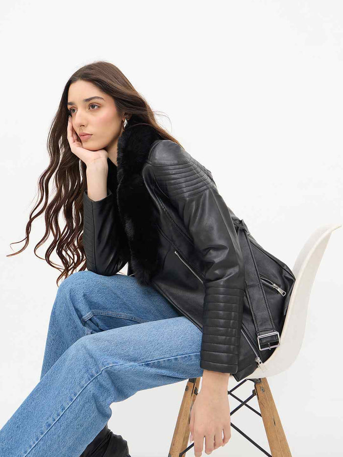 Madame Faux Fur Collar Black PU Leather Jacket