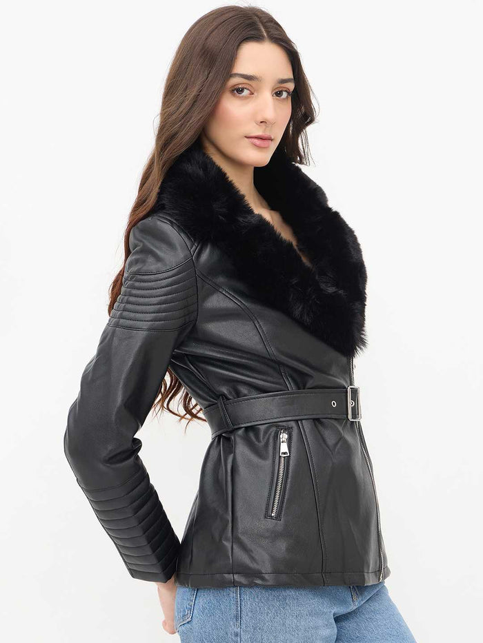 Madame Faux Fur Collar Black PU Leather Jacket
