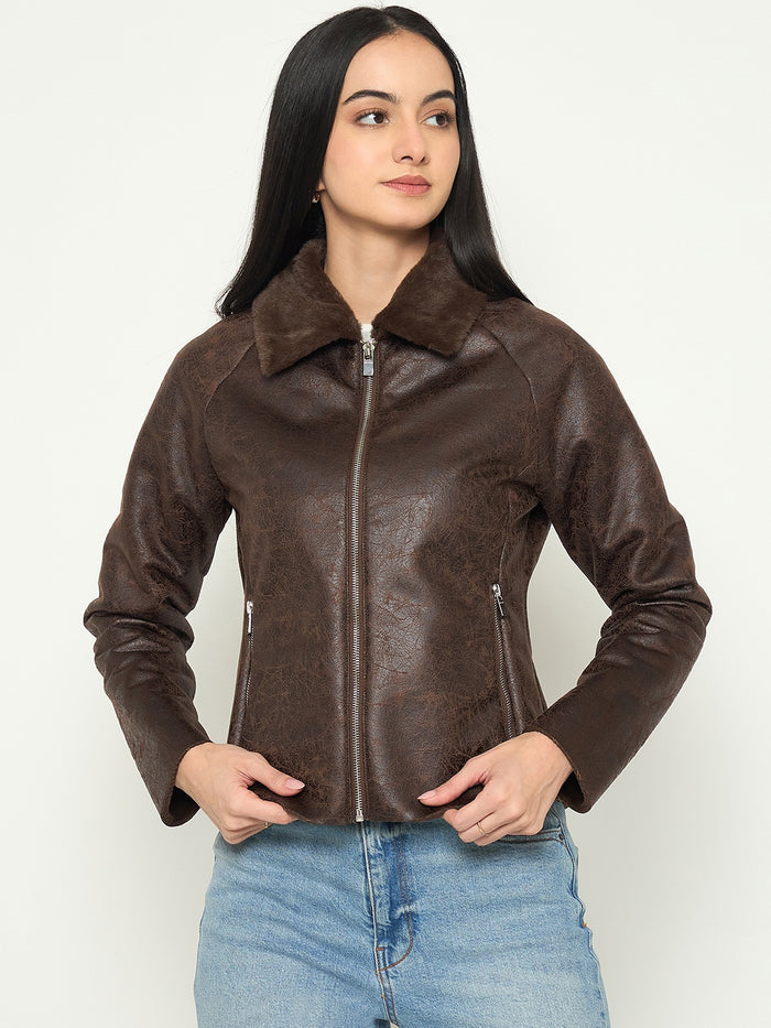 Madame Faux Fur Collar Brown PU Jacket