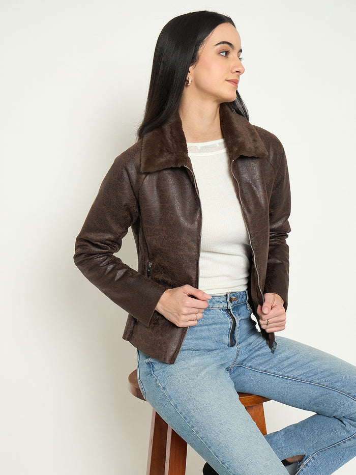 Madame Faux Fur Collar Brown PU Jacket