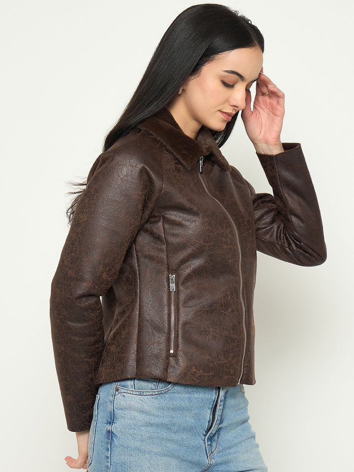 Madame Faux Fur Collar Brown PU Jacket