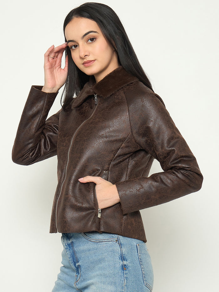 Madame Faux Fur Collar Brown PU Jacket
