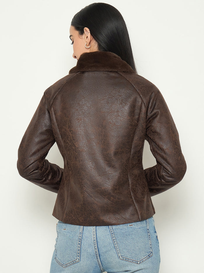 Madame Faux Fur Collar Brown PU Jacket