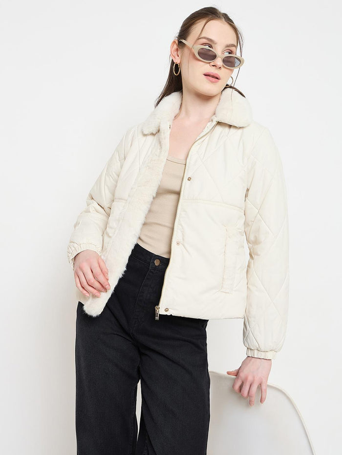 Madame Faux Fur Collar Off White Quilted Jacket