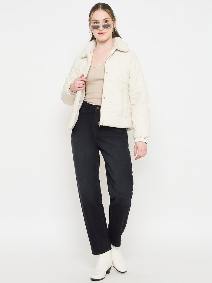 Madame Faux Fur Collar Off White Quilted Jacket