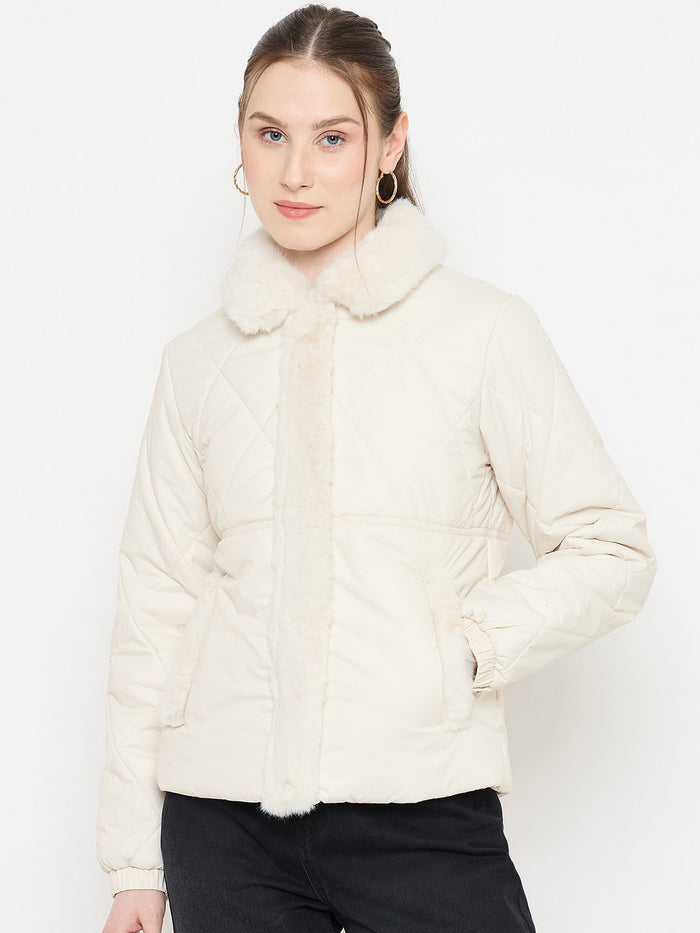 Madame Faux Fur Collar Off White Quilted Jacket