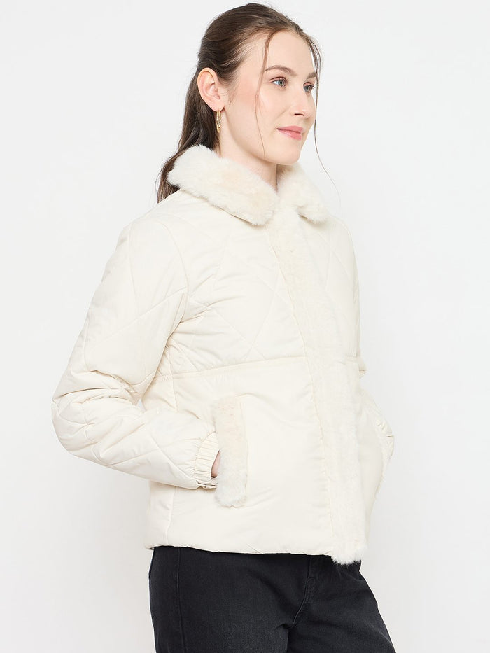 Madame Faux Fur Collar Off White Quilted Jacket