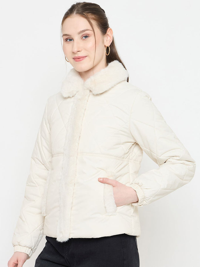 Madame Faux Fur Collar Off White Quilted Jacket