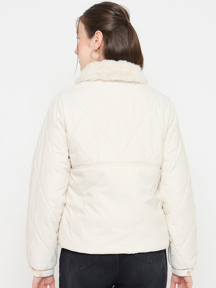 Madame Faux Fur Collar Off White Quilted Jacket