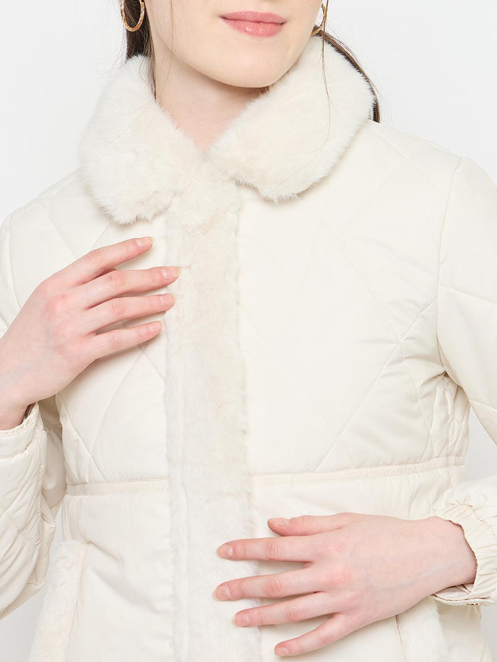 Madame Faux Fur Collar Off White Quilted Jacket