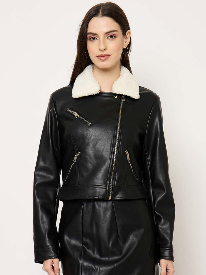 Madame Faux Fur Collar PU Leather Jacket