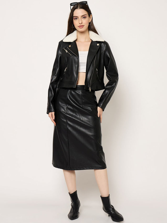 Madame Faux Fur Collar PU Leather Jacket