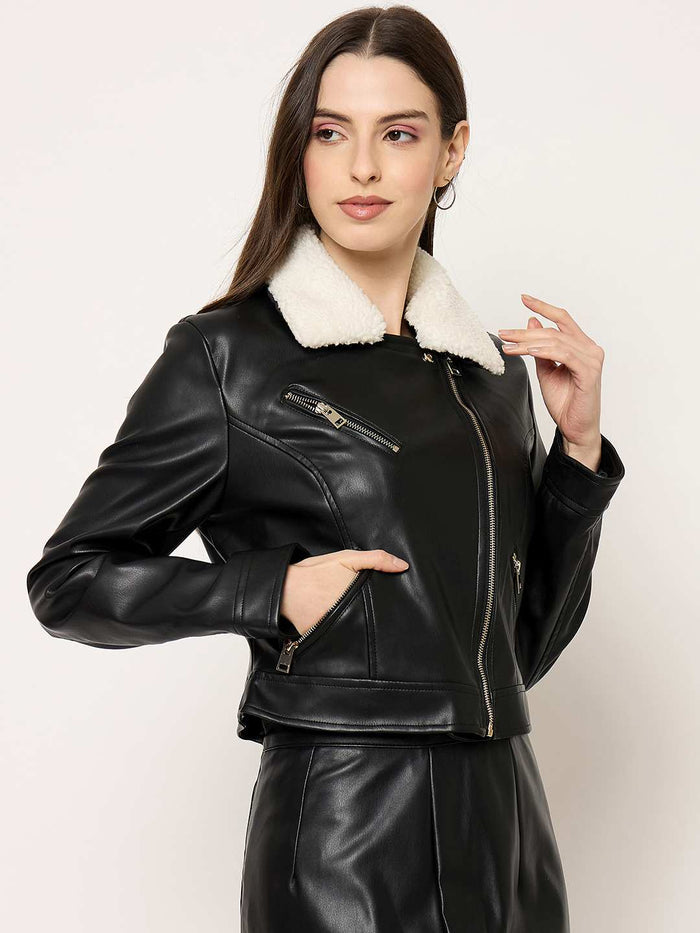Madame Faux Fur Collar PU Leather Jacket