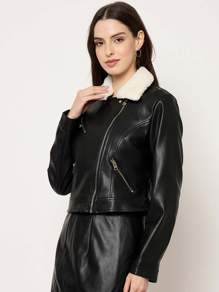 Madame Faux Fur Collar PU Leather Jacket