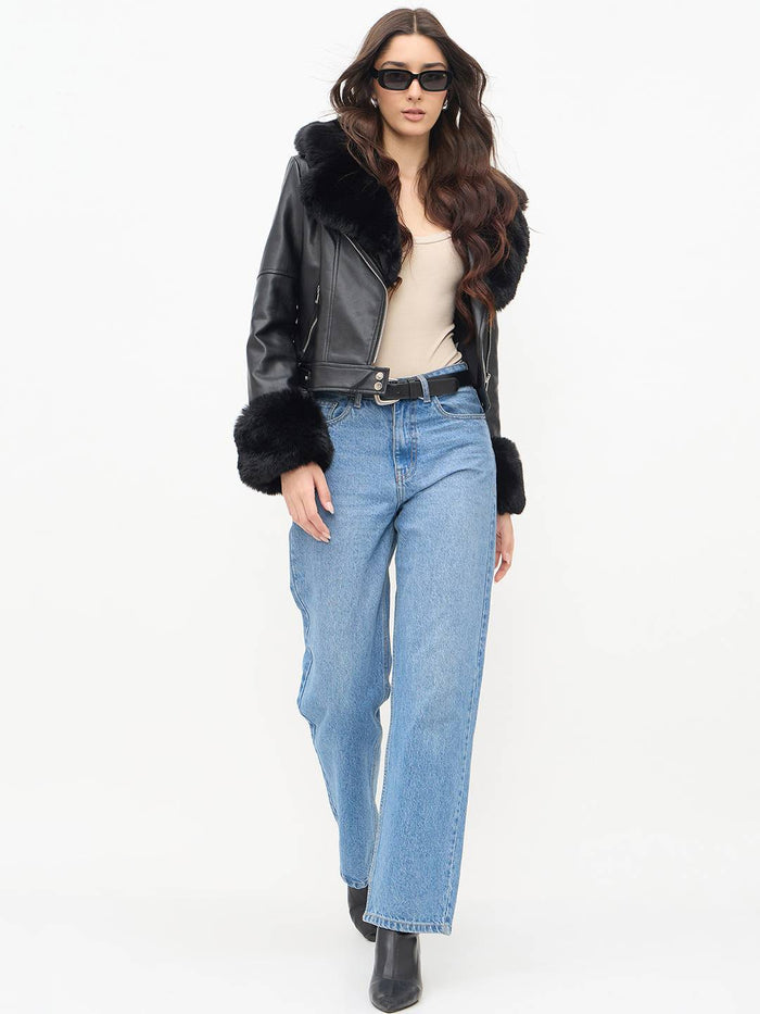 Madame Faux Fur Notch Lapel Collar Black PU Leather Jacket