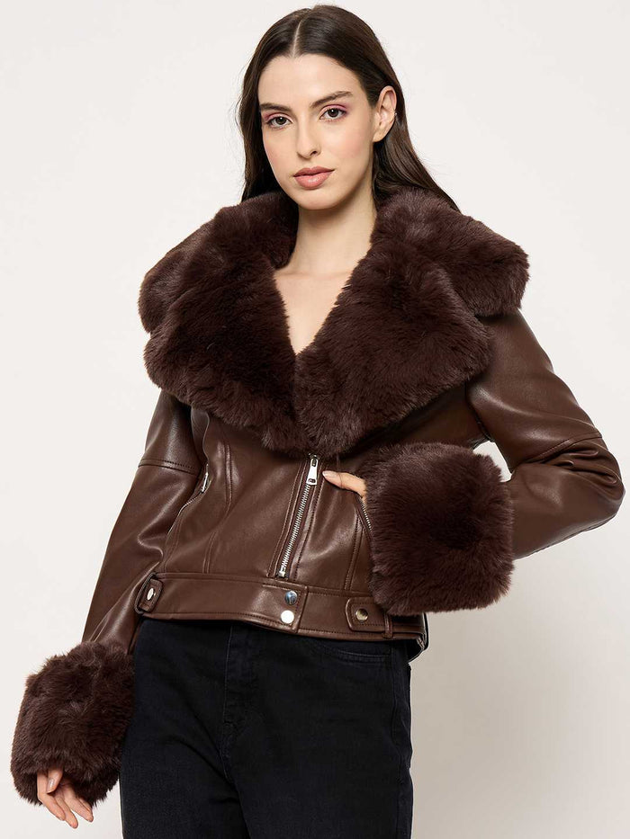 Madame Faux Fur Notch Lapel Collar Brown PU Leather Jacket