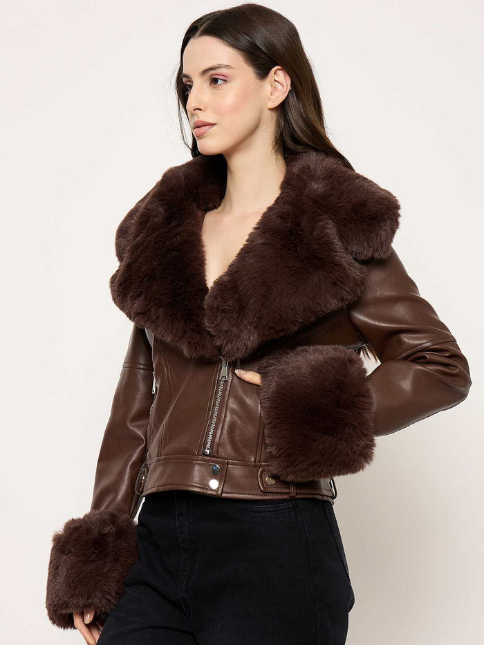 Madame Faux Fur Notch Lapel Collar Brown PU Leather Jacket
